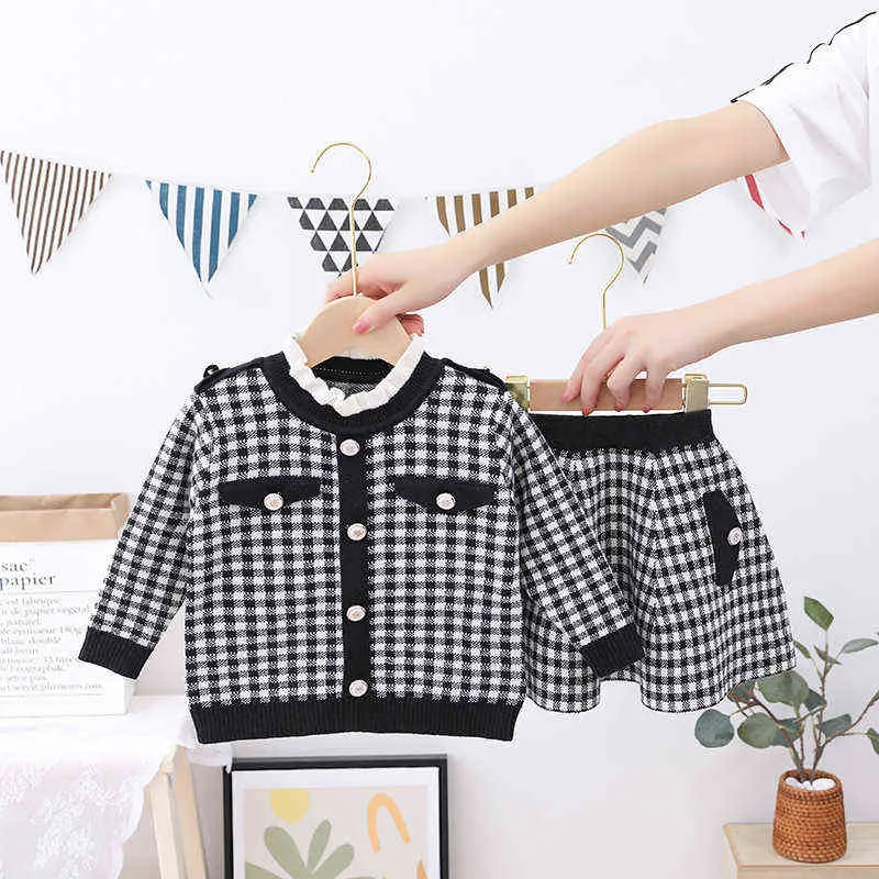 Chidren Clothes Girls Knitted Set Autumn Kids Sweater suit and Skirt Birthday Party Designed School Uniform Outfits1-8 Ys G220310
