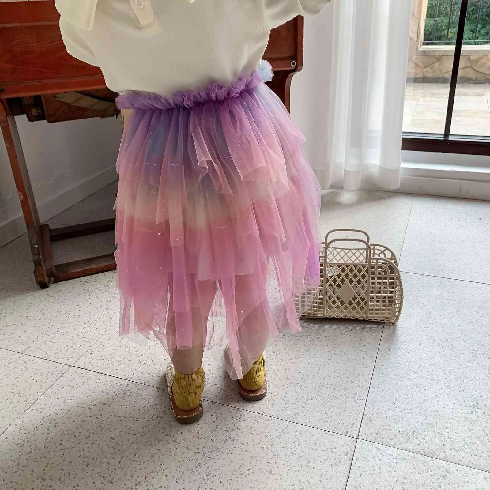 Moda Dziewczyny Paillette Rainbow Mesh Długie Spódnice Dzieci Wiosna Bling Moda Księżniczka Spódnica 210508