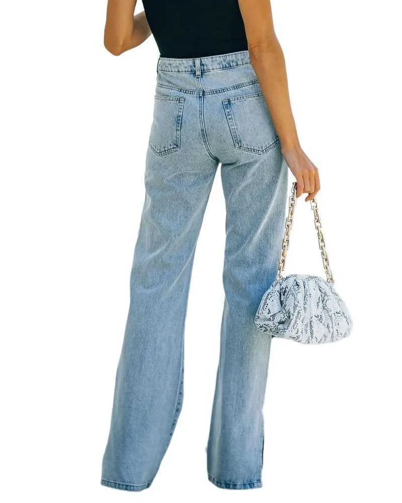 Летние улицы светлые женские джинсы свободные прорези промытые сплошные цвета простые универсальные удобные женские брюки WS16 210708
