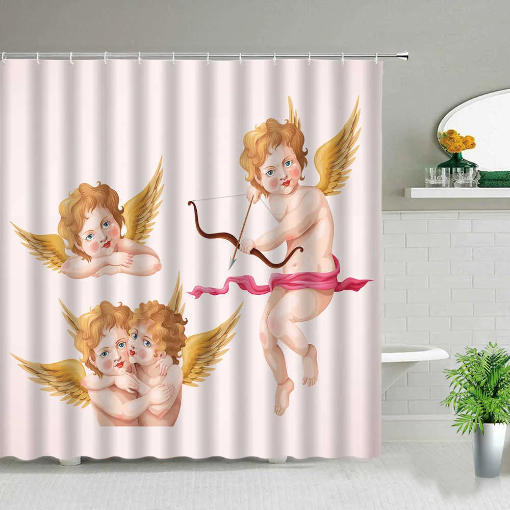 Anjos no céu cortina do chuveiro conjunto de tecido de poliéster lavável lavável fundo cortinas de parede para casa de banho decoração 210915