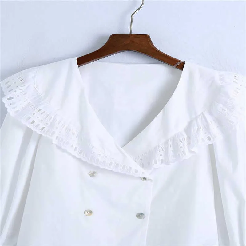 ZA Camicia bianca ricamata doppio petto da donna manica lunga a sbuffo vintage top estivi donna camicetta ricamata 210602