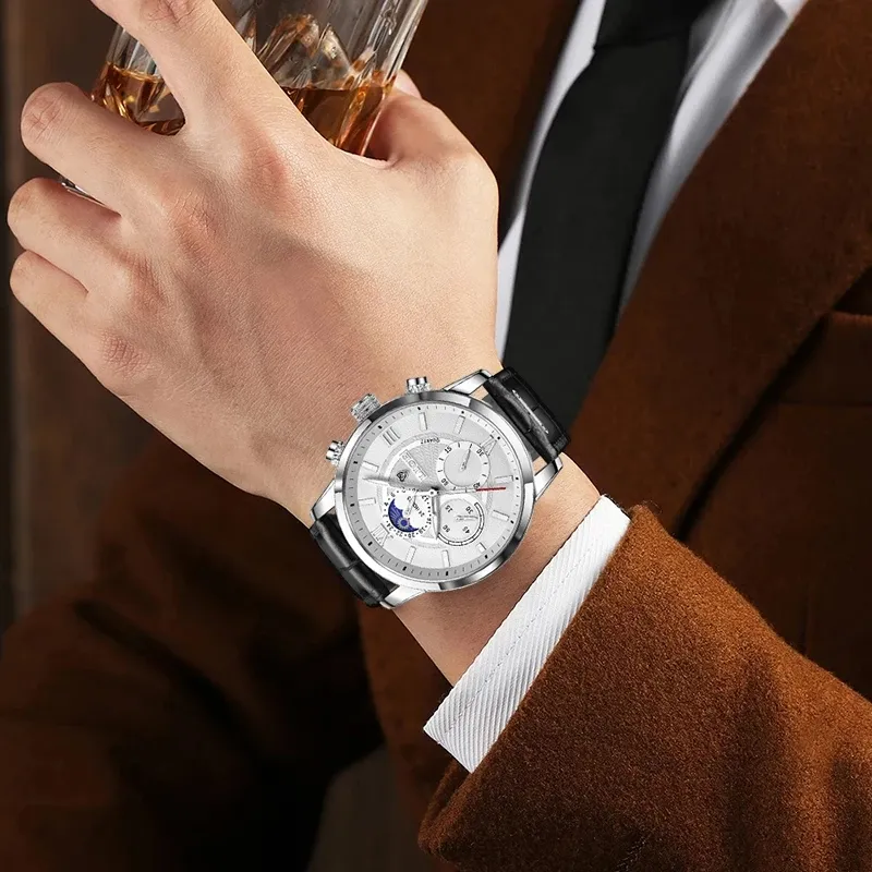 2021 часы LIGE, мужские часы высшего бренда, роскошные часы, повседневные кожаные часы с 24 часами фазы луны, мужские часы, спортивные водонепроницаемые кварцевые часы с хронографом, uh234k