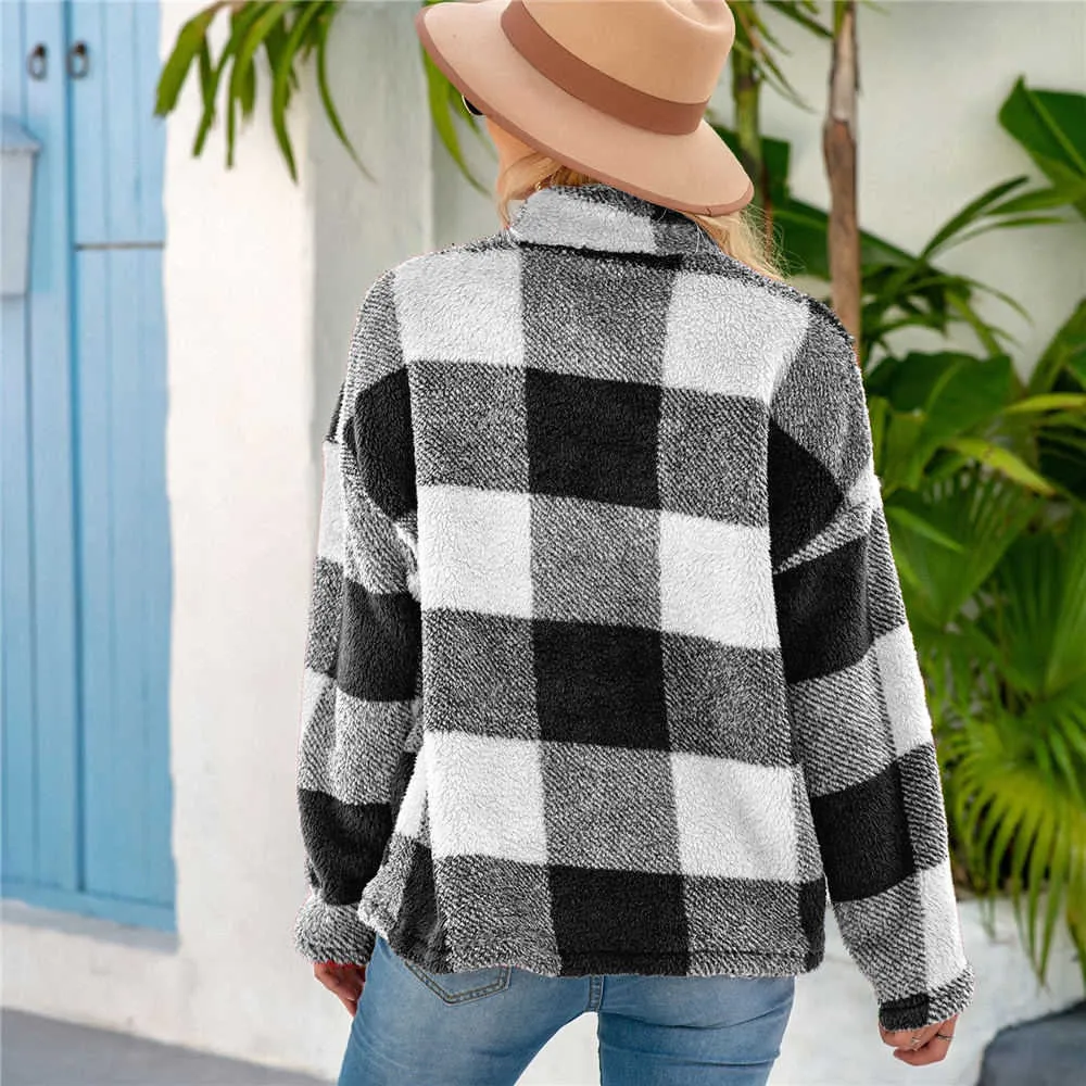 Femmes hiver Teddy pull moelleux Sherpa polaire Plaid pull 1/4 fermeture éclair col roulé automne chaud Street Wear 211011