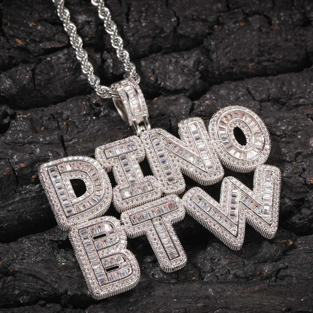Hip Hop Custom Name Baguette Letter Pendant Necklace With Rope Chain Gold Silver Bling Zirconia Men Halsband smycken263k