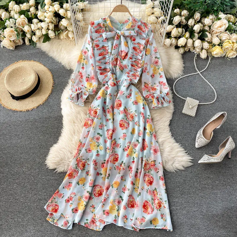 French Chiffon Floral Dress Women Bow Neck Puff Sleeve Ruffles A-line Dresses Autumn Bohemain Print Holiday Long Dress 210419