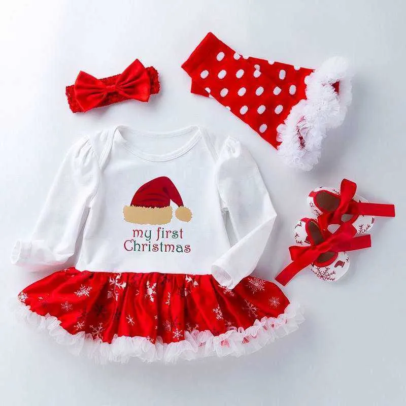 Baby Girl Christmas Dress Bawełna 1st Urodziny Body + Buty + Skarpety + Pałąk 4 sztuk Zestawy Odzież E2039 210610