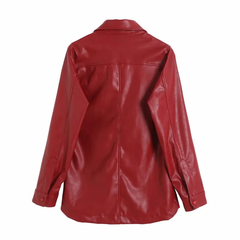 Women PU Motor Jackets Coats Summer Long Sleeve Pocket Single Breasted Solid Red Female Street Jacket Outerwear Clothing 210513