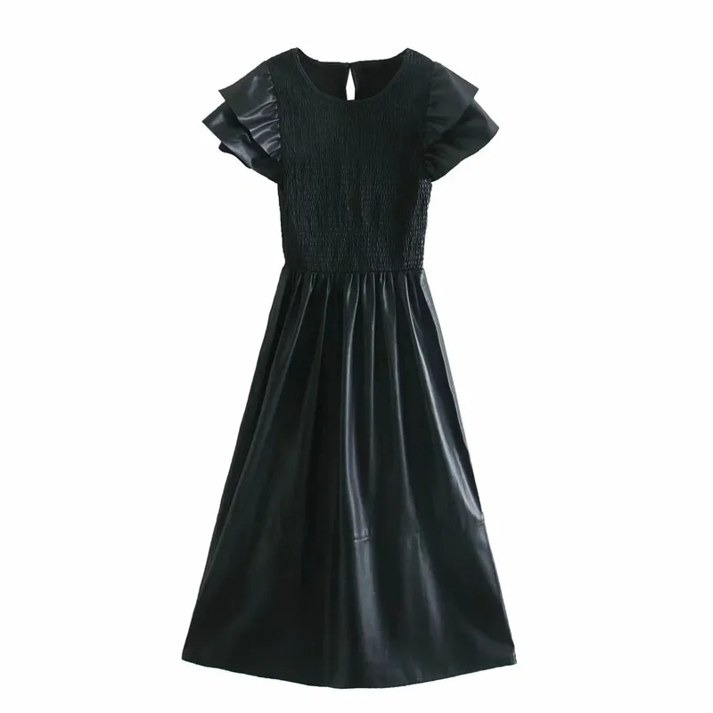 Black Faux Leather Midi Dress Women Vintage O Neck Ruffle Short Sleeve Elastic Ruched Woman Flared Hem es 210519