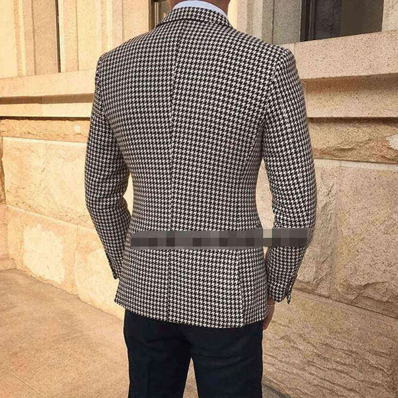 Повседневный блейзер в клетку с узором «гусиные лапки» для мужчин, пиджак с 2 боковыми разрезами, приталенное мужское пальто, модная одежда, поступление 211111