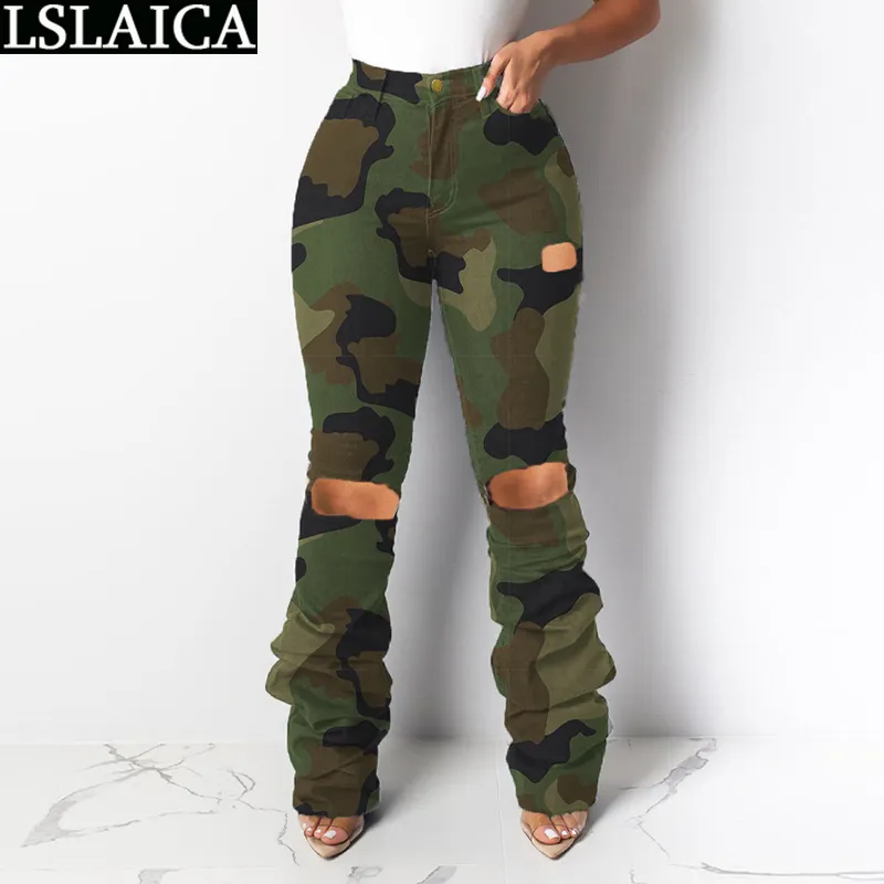 Sweat Pants for Women Camouflage Hole Ruched Trousers Casual Elastic Waist Streetwear Fashion Spodnie Dresowe Damskie 210515