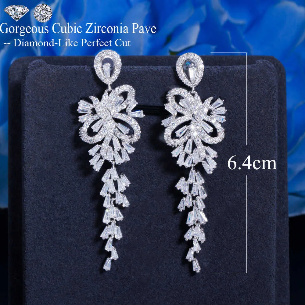 Geométrico Branco Cúbico Zircônia Dangle Tassel Longa Mulheres Prom Noiva Brincos Para Brides Fato Jóias CZ895 210714