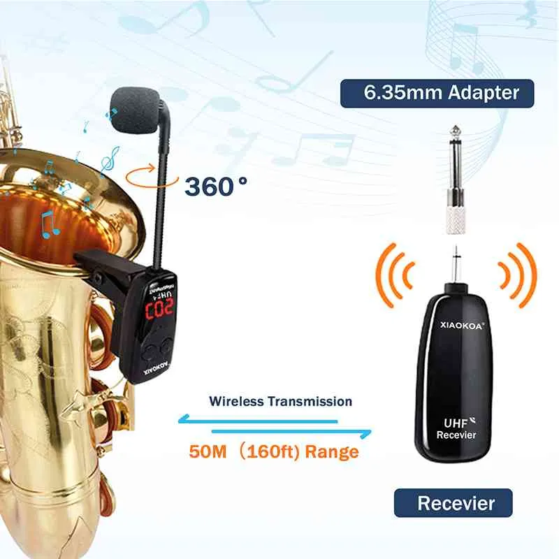 Xiaokoa UHF Instruments Saxophone микрофон беспроводной приемник передатчик, диапазон 160 фута, вилка и воспроизведение, отличные трубы