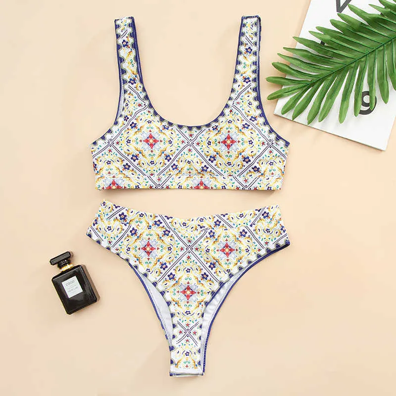 MYTENG Ethnic Retro Print Swimming Suit For Women High Waist Bikini Set Push Up Swimsuit Beachwear Summer Backless Swim Biqiuni 210621