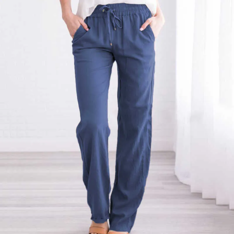 Spodnie z szerokim nogami Kobiety Lato Solidne Kolor Luźna Kieszonkowa Bawełniana Pościel Spodnie Kobiet Przypadkowy Sznurek Oversize Proste Długie Spodnie X0629