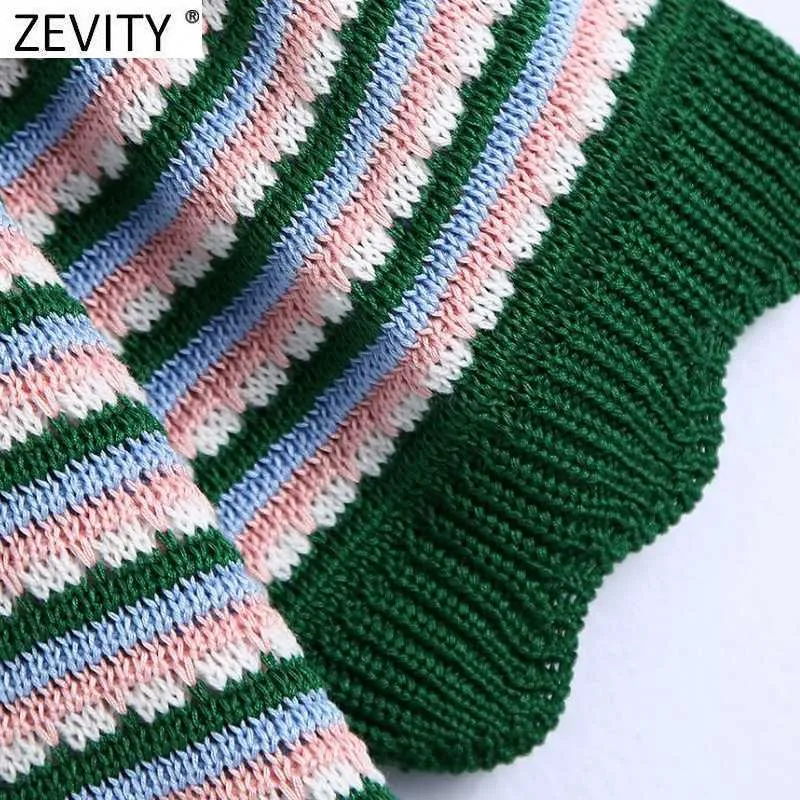 Zevity Kobiety Vintage Kolor Dopasowywanie Paski Szydełkowe Knitting Sweter Panie Krótki Rękaw Diament Przycisk Swetry Topy SW829 210603