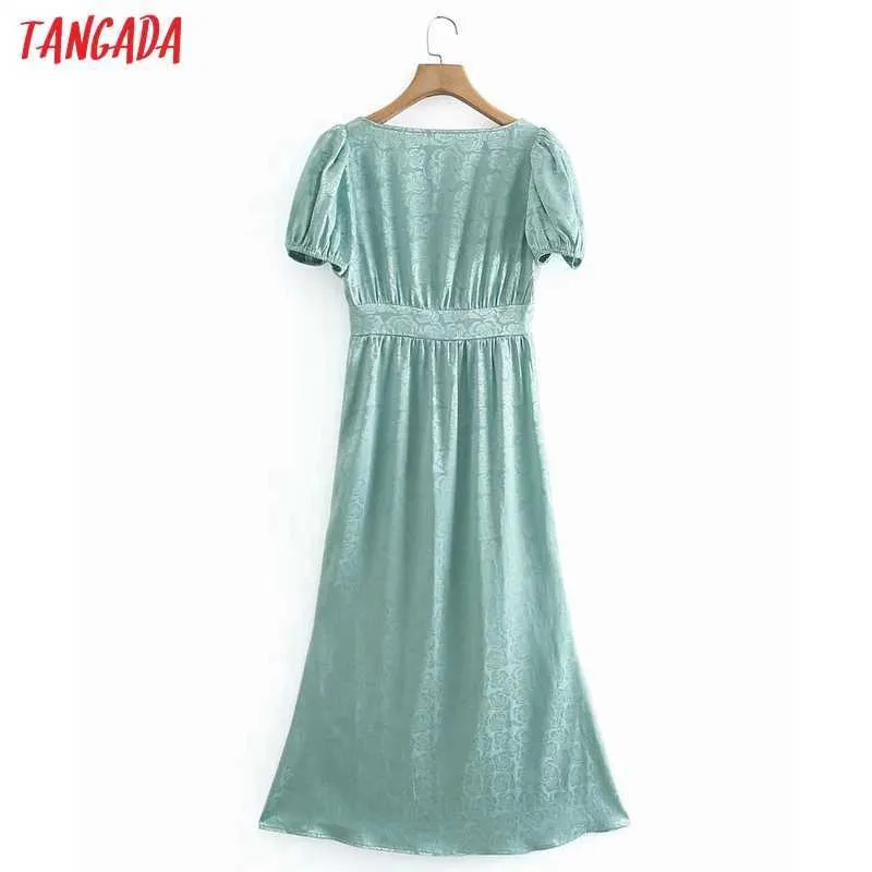 Tangada été femmes fleurs Jequared robe verte bouffée à manches courtes col carré dames élégante robe d'été XN287 210609