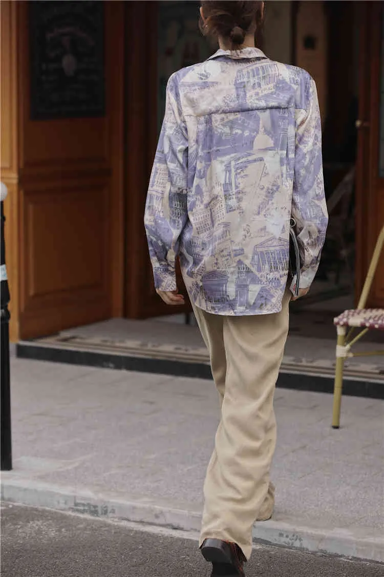 Camicia a maniche lunghe con stampa edificio vintage Top e camicette da donna Abbigliamento viola con bottoni alla moda autunnale 210427
