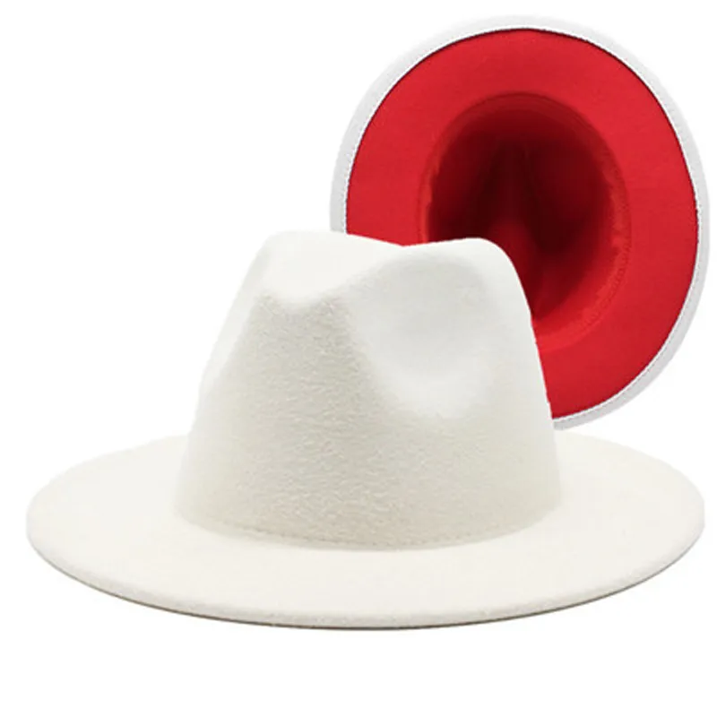 Nowy pomarańczowy z czerwonym dnem kapelusze fedora kobiety hurtownia sztuczna wełna szerokie rondo dwukolorowy kapelusz jazzowy mężczyźni Panama wesele formalny kapelusz
