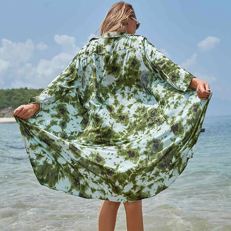 Vestido de playa Saida de Praia Algodón Kimono Pareos Playa Mujer Bikini Cover Up Traje de baño Q1184 210420