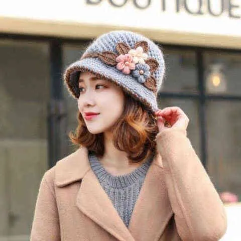 Black Ru Christmas New Year Round Roof Winter Knit Wool Thick Flower Hat Knitted Women Girl Lady Cap Head Warmer Outdoor Hats Y21111