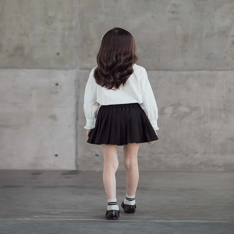 Spring Koreaanse stijl tiener meisjes 2-pcs sets wit shirts + effen kleur geplooide rok kinderkleding E1362 210610