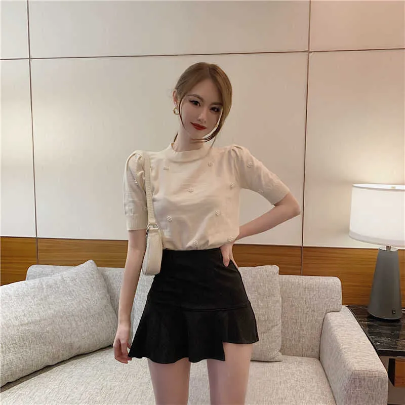 Koreanische Mode Frau T-shirts Kurze 2021 Sommer Perlen Slim-Fit Gestrickte Top Kurzarm T-shirt Crop Top frauen kleidung X0628