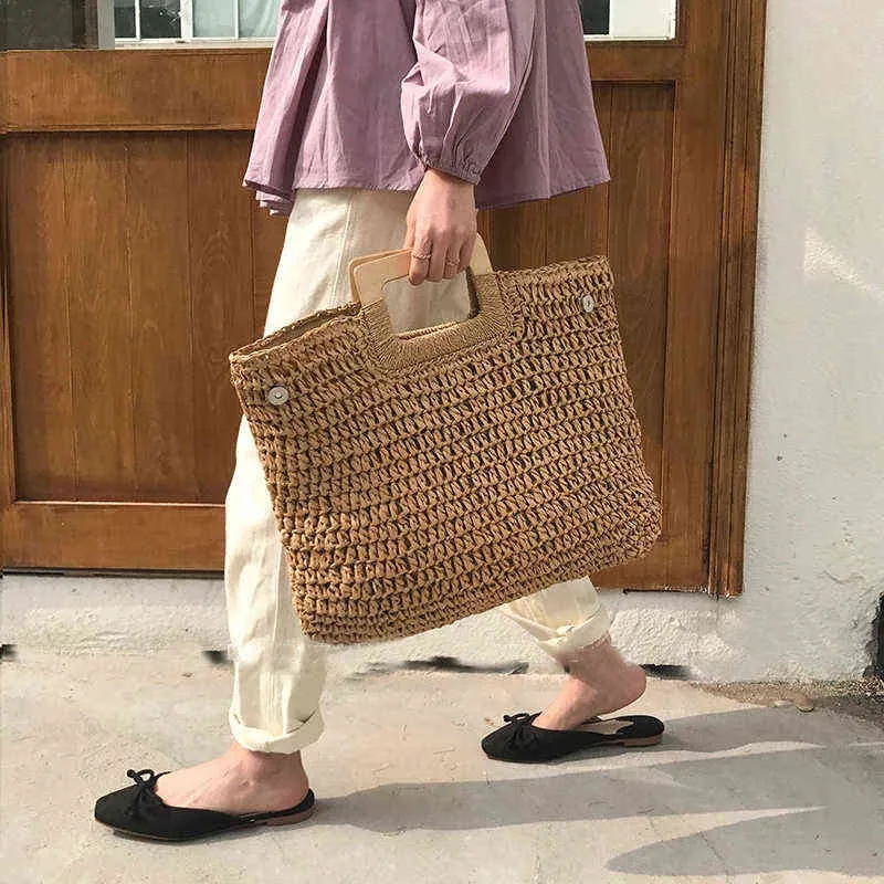 Shopping Bags Handbag Vintage Bohemian Straw Bag for Women Summer Large Capacity Beach Rattan Handmade Kintted Travel Bolsas220307