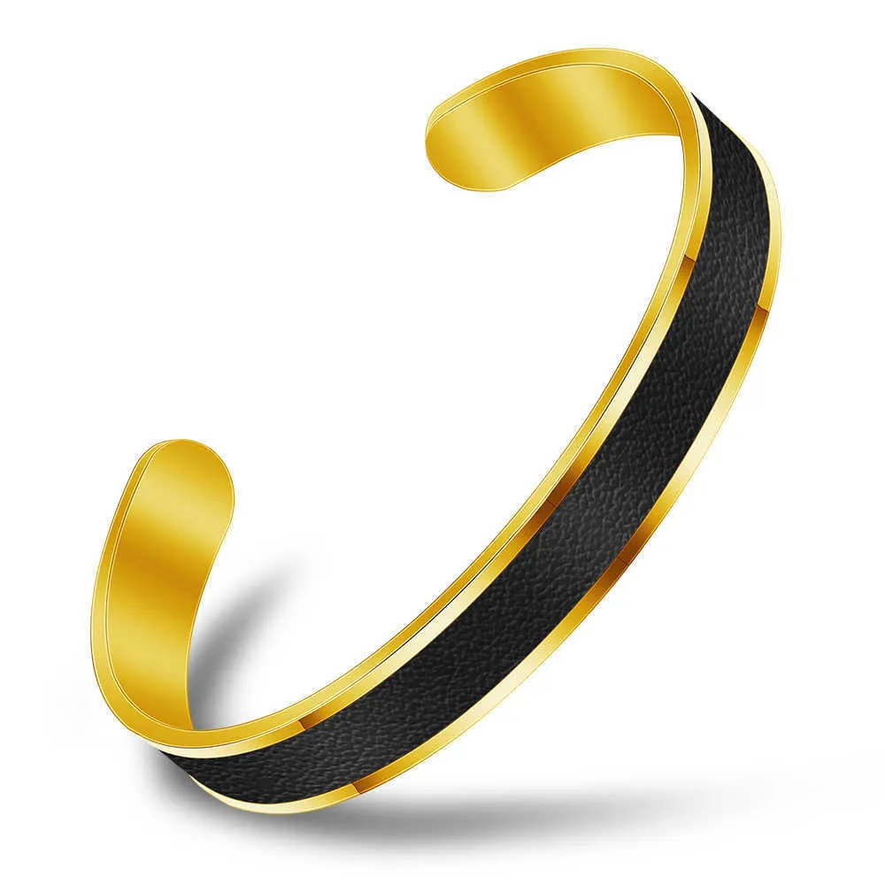 MylongingCharm Mannen Lederen Armband Zwart Goud Roestvrij staal Mannen Manchet Bangle Gift voor Vriendgenoot Q0717