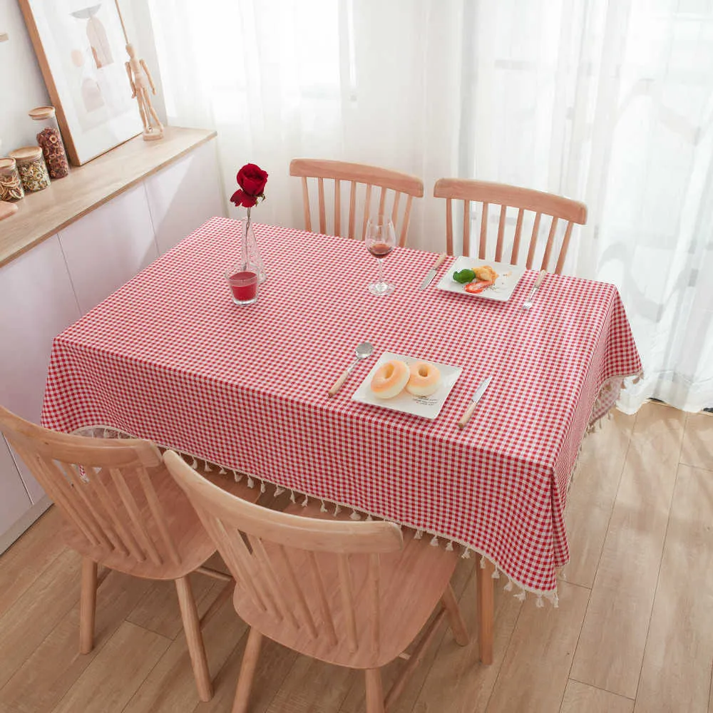 INS Red Plaid Tablecloth Living Room Cotton Linen Dustproof Cabinet Cover Picnic Mat Small Fresh Home Decoration 210626