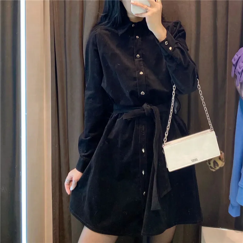 Siyah Kadife Mini Elbise Kadın Sonbahar Moda Bağlı Kemer Uzun Kollu Bayanlar Vintage Fransız Zarif ES 210519