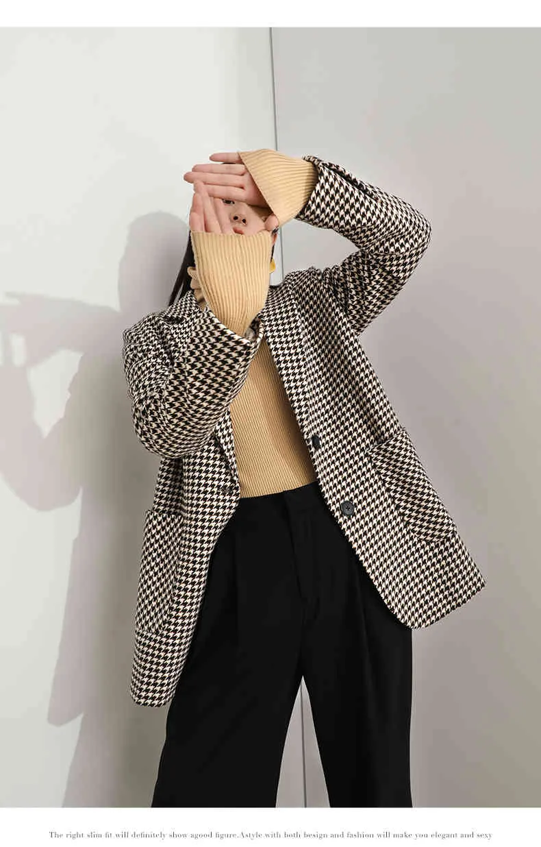 Houndstooth épais chaud femmes manteau de laine hiver col cranté simple boutonnage coréen vintage femme mélange de laine 210513