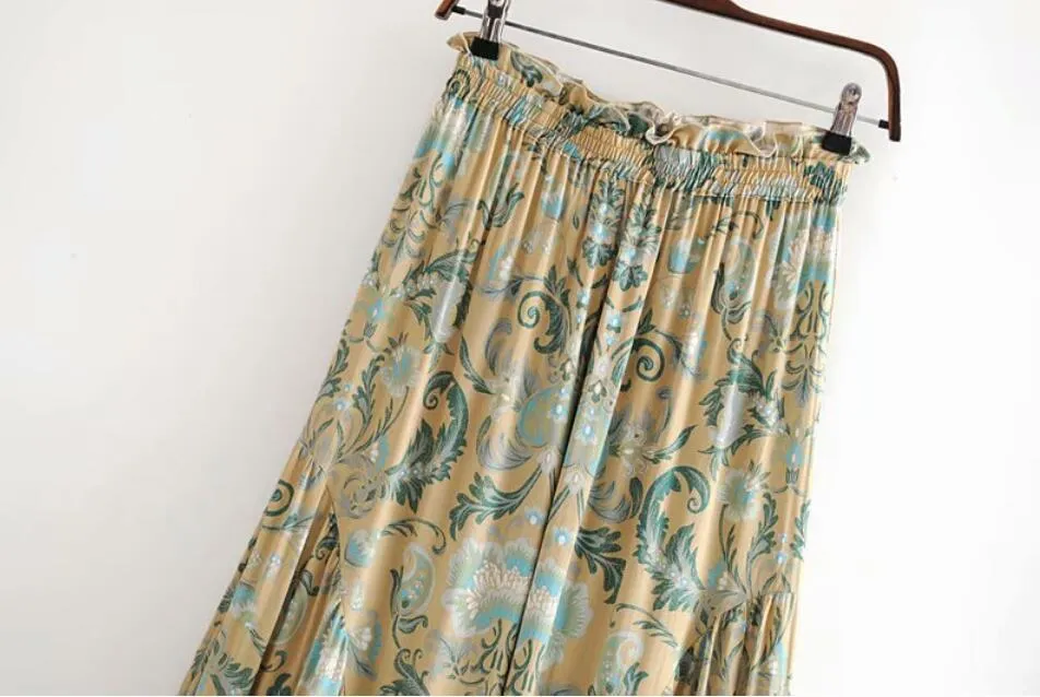 Bohemian Feather Floral Print Wide leg Pants Holiday Women Ruffles Elastic Waist Full length Skirt Loose Trouses 210429