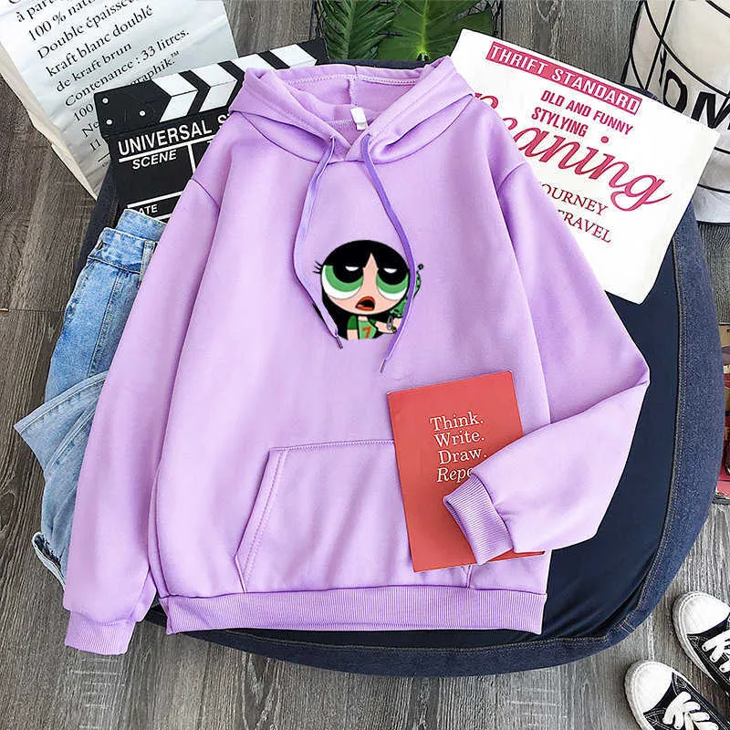 가을 겨울 새로운 캔디 컬러 Powerpuff Girls Buttercup Hoodie INS 공급 X0629