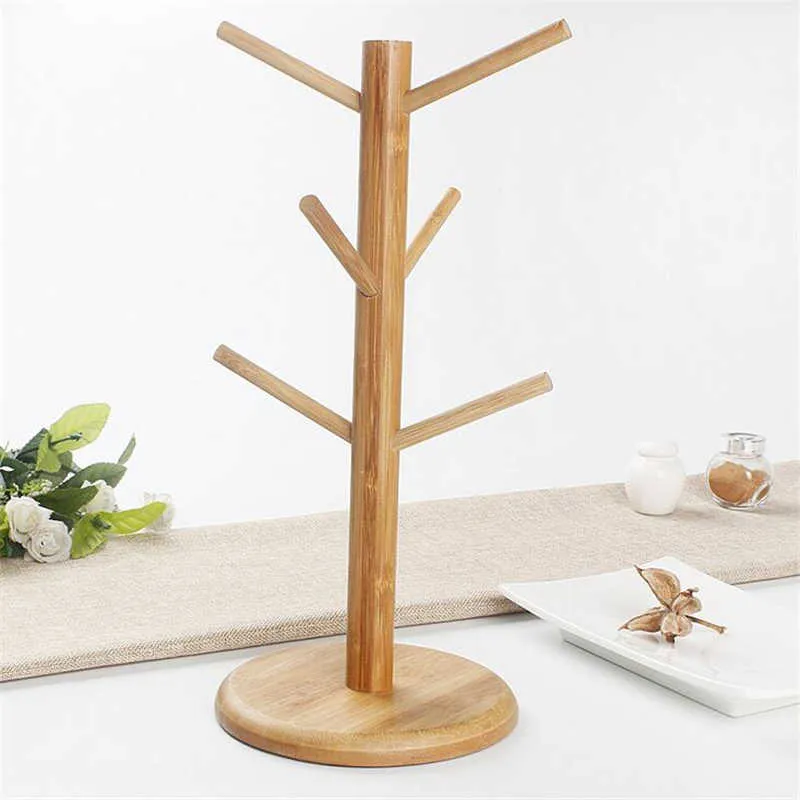 Tree Shape Wood Coffee Tea Cup Storage Holder Stand Home Kitchen Mug Hanging Display Rack Drinkware Shelf With 6 Hooks 210705