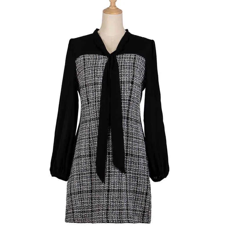 Foridol Knitted Tweed Plaid Bowknot Winter Dress Women Lantern Sleeve Vintage Elegant Office Ladies Short A-line Dress Vestidos 210415