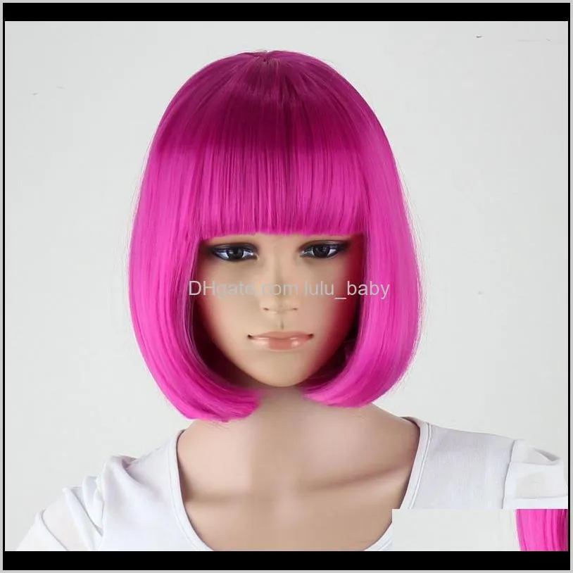 synthetic 10inch straight short bob wigs bangs blue golden red black white purple pink green brown cosplay wig female