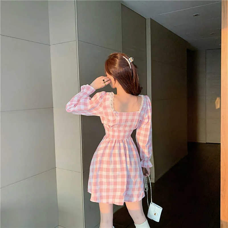 Japonais automne femmes Mini Lolita robe col carré avec dentelle rose Plaid perles Flare manches mignon Kawaii féminin 210623