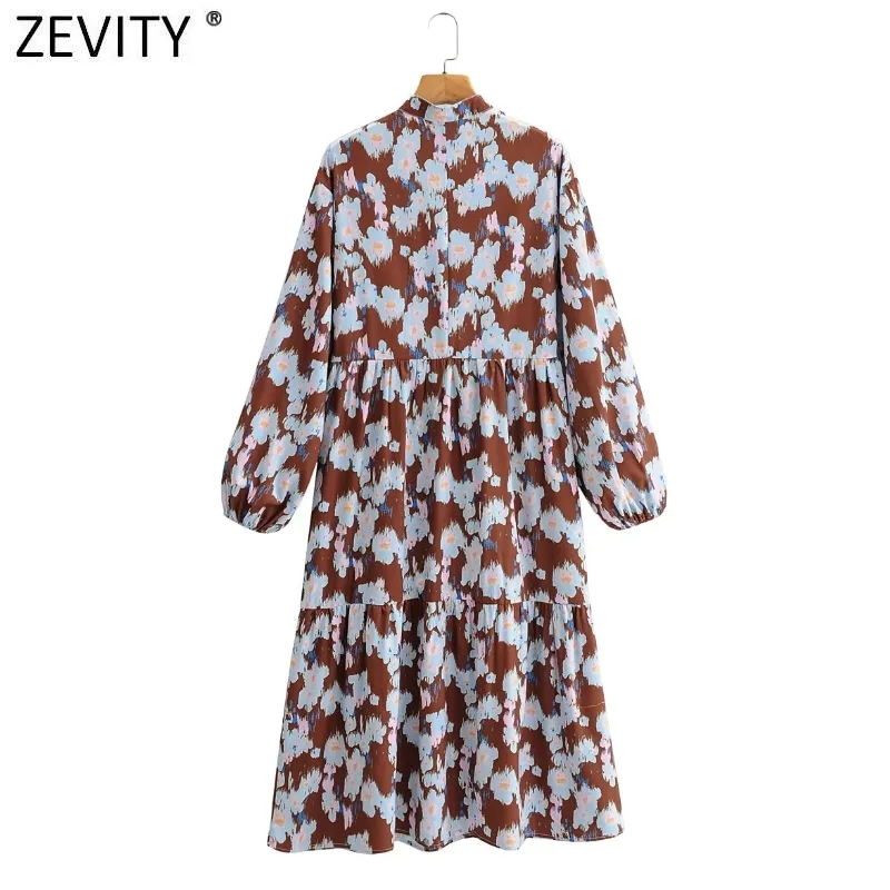 Women Vintage Stand Collar Lantern Sleve Casual Loose Midi Dress Female Tie Dyed Flower Painting Chic Vestido DS4742 210420