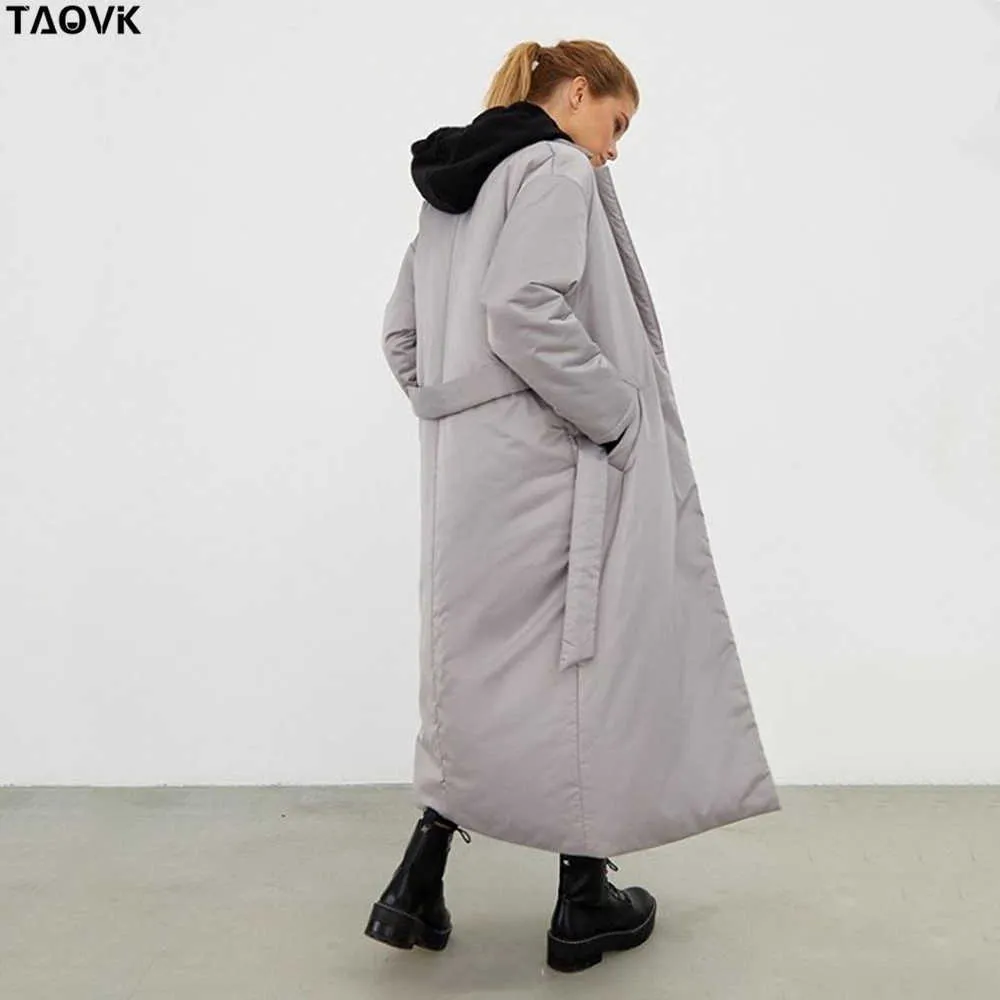 TAOVK femmes hiver épais Long manteau femme simple boutonnage coupe-vent taille large ceintures lâches chaud coton manteau 210923