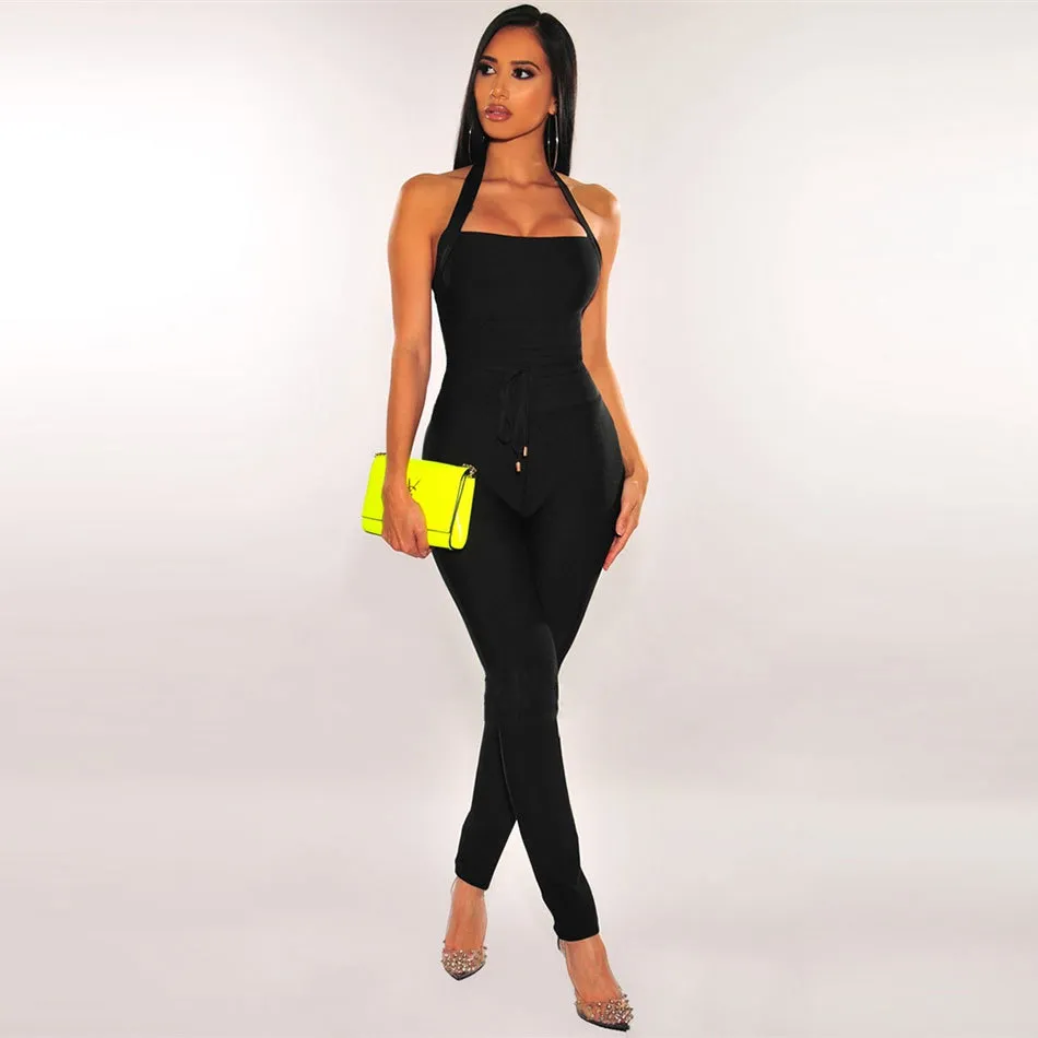 Free Nude Black Halter Bandage Tuta Rayon Elegante Celebrity Woman Party Wear Vintage Bodycon Pagliaccetto Pantaloni lunghi 210524