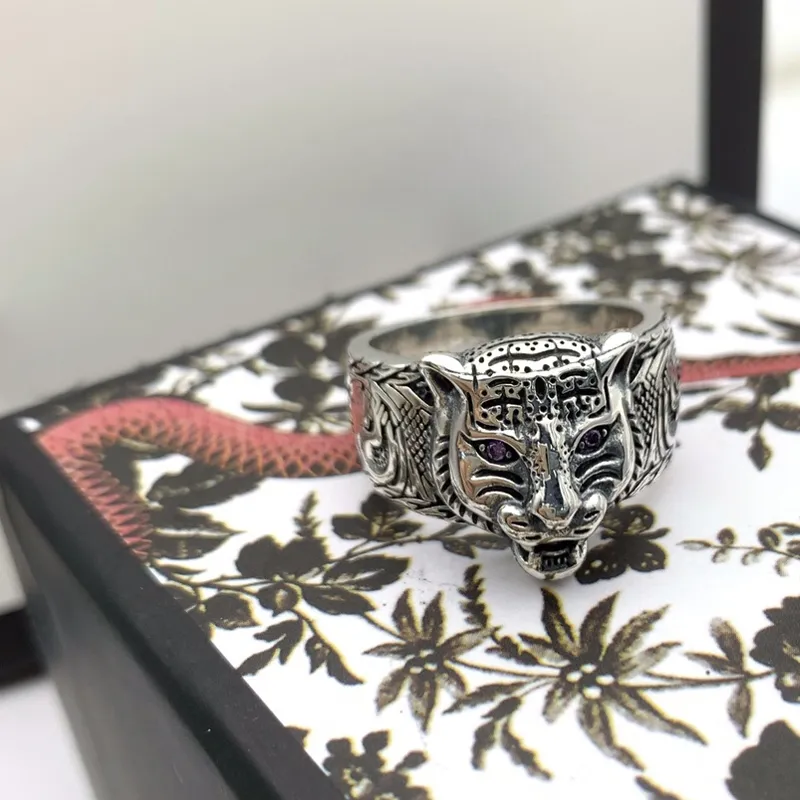 Women Men Tiger Head Ring with Stamp Vintage Animal Letter Finger Rings for Gift Party Fashion Jewelry Size 6-10335O
