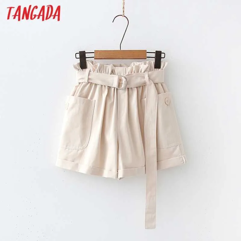 Tangada Summer Femmes Solides Shorts avec ceinture Vintage Haute taille élastique Femme Pantalon court de base 5N11 210609