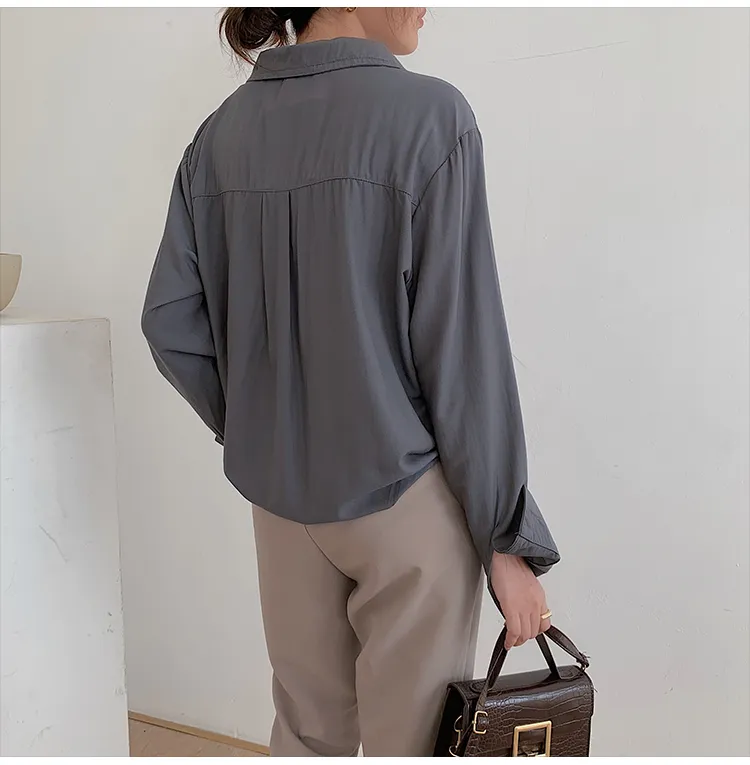 Moda ufficio manica lunga donna camicetta autunno tasche larghe camicie di cotone solido sottile scollo a V Blusa top 2002B 210420