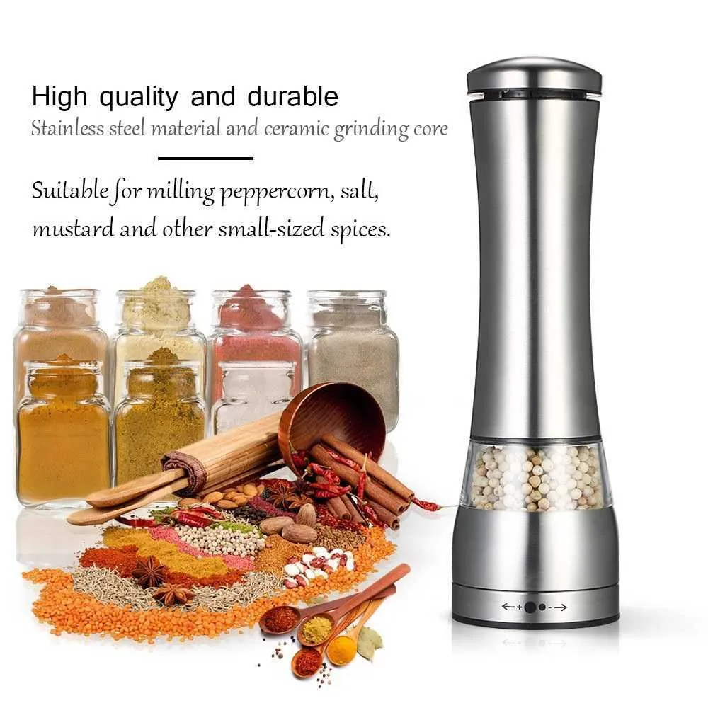 Stainless Steel Portable Electric Pepper Mill Adjustable Coarseness Salt Spices Ceramic Grinder Kitchen Seasoning Grinding Tools 210712