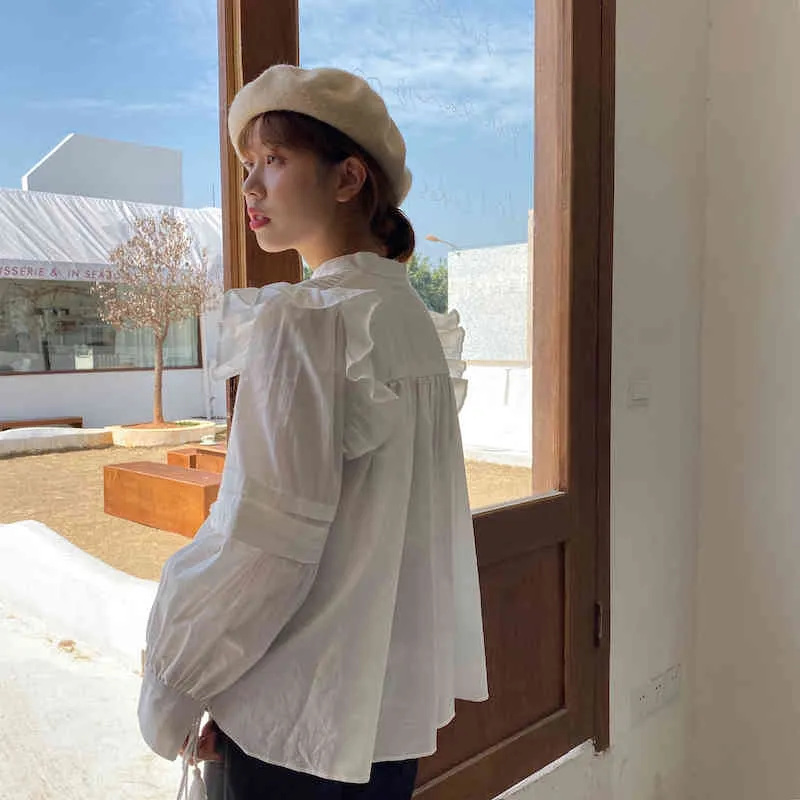 Alta Qualidade Branca Blusas Vintage Camisas Mulheres Ruffles Manga Single-Breasted Coreano Elegante Moda Blusas Tops Femme 210518