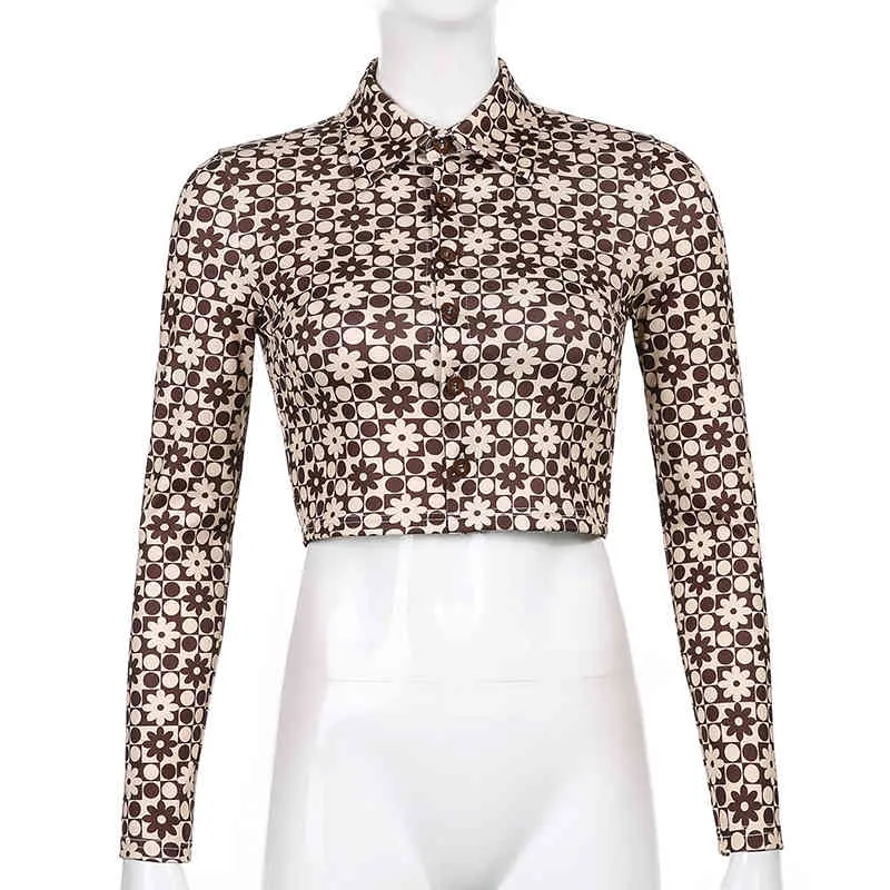Kahverengi Çiçek Uzun Kollu Düğme Hırka Kadın Gömlek Bahar Moda Bluzlar Vintage Dönüş Yaka Ince Mahsul Tops Kadın 210510