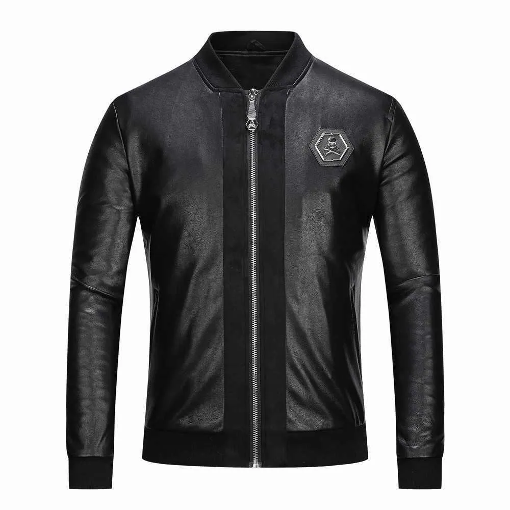 Crâne strass PU vestes hommes noir High Street col montant fermeture éclair manches côtelées Streetwear moto Faux cuir manteaux 220115