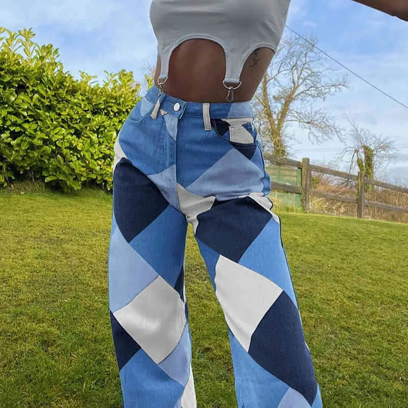 Jeans a gamba larga alla moda da donna Y2k con stampa Argyle ragazze Pantaloni in denim scozzese vintage oversize a vita alta Pantaloni femminili 210510