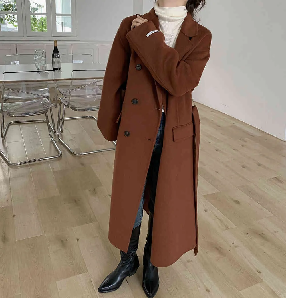 Qooth hiver élégant laine manteau mode femmes marron longs manteaux classique laine pardessus chaleur surdimensionné Outwear QT354 210518