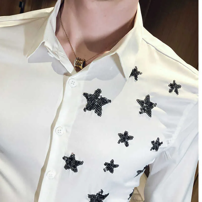 Star Sequins Night Club Party Men Shirt Långärmad Casual Slim Fit Dress Skjortor Arbeta Tuxedo Bröllop Man Kläder Camisa Homme 210527